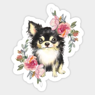 Cute Chihuahua Puppy Dog with Flowers Watercolor Art Sticker